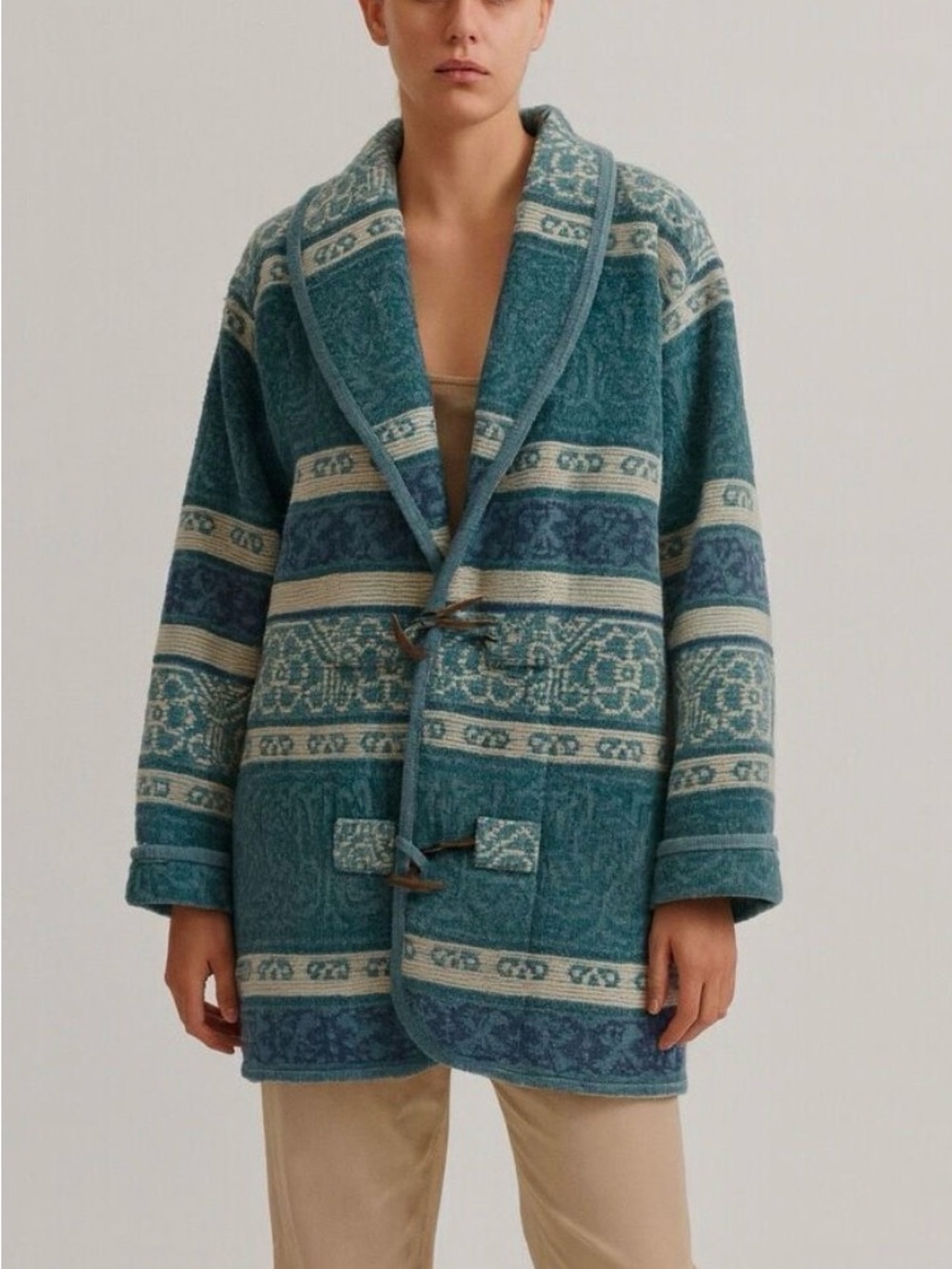 Vintage wool Eddie Bauer Teal & Cream Patterned Shawl Collar Toggle Coat